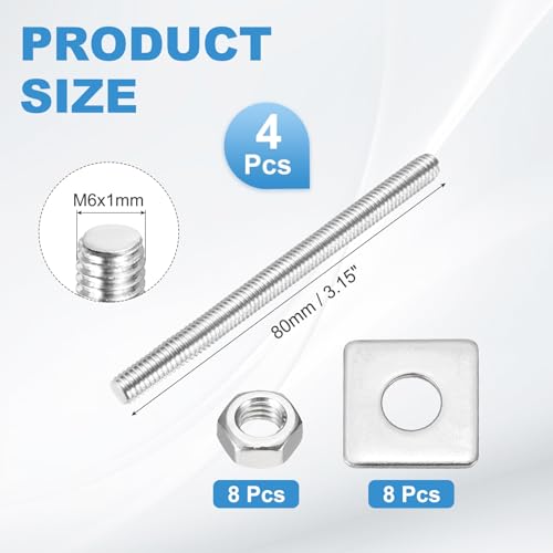 MECCANIXITY 4Set M6x80mm Fully Threaded Rod Threaded Rods Bar Studs - size: M6x80mm