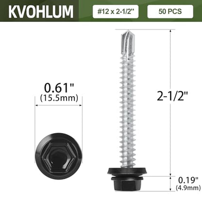 #12 x 2-1/2" (50 PCS) Black Metal Roofing Screws with Rubber Washer, Hex Head Self Tapping Screws for Metal, Self Drilling Sheet Metal Screw - size: #12 x 2-1/2"