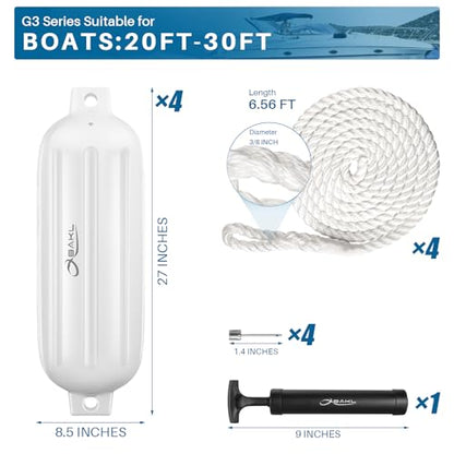 4 Pack 8.5 x 27 Inches Boat Fenders Bumpers for Docking - color: Polar White