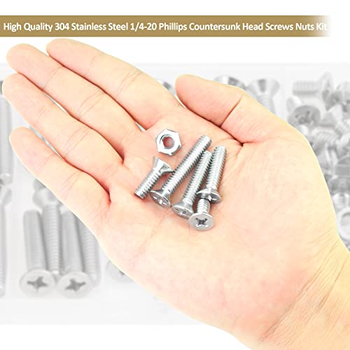 52 Pieces 1/4-20x 1/2", 3/4", 1", 1-1/4", 1-1/2", Phillips Countersunk Head Machine Screws Nuts Assortment Kit, 304 Stainless Steel, Fully Machine Thread - size: 1/4"-20