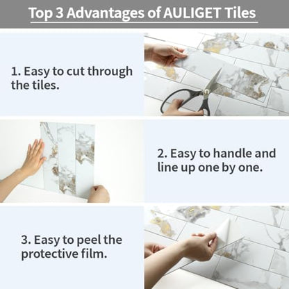 AULIGET 40-Piece Polished White Marble with Gold Peel and Stick Backsplash Wall Tiles, 3" x 12" PVC Faux Stone Stick on Tiles for Backsplash Kitchen, Bathroom, Laundry Room, Camper, Fireplace - color: Polished White Marble & Gold, size: 40 Pieces, 3"x12"x