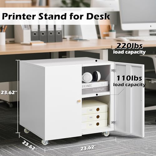 Rolling Metal Fridge Printer Stand Cabinet with Storage, White - color: White - 24''wx24''dx24''h