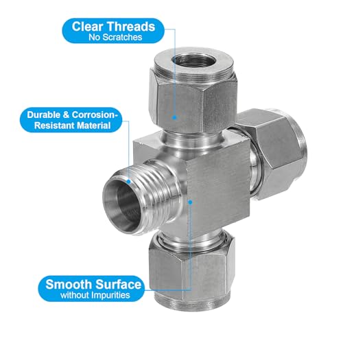 PATIKIL 304 Stainless Steel Cross Compression Tube Fitting 10mm, 3/8" ID, Pipes Adapter for Water Garden Irrigation System, Silver - size: 3/8 Inch