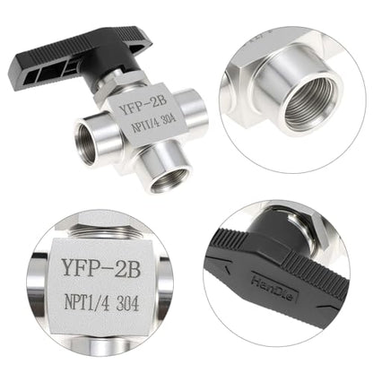 QWORK 1/4" NPT 3 Way Ball Valve, 304 Stainless Steel Fitting Panel Mount, L Port, 1000 PSI, Panel Mount, Reduce Port (Confirm 3mm or 5mm)