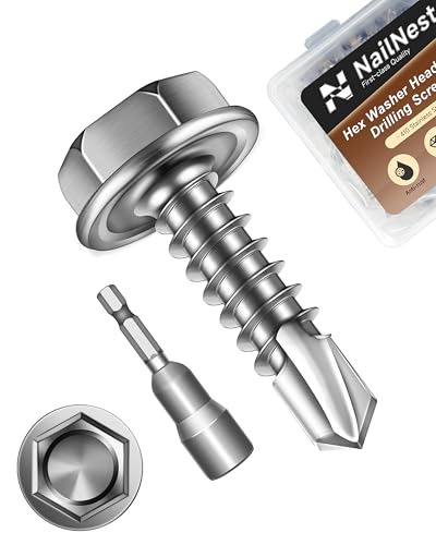 100PCS #8 x 5/8" Self Drilling Screws, Self Tapping Screws for Metal, 410 Stainless Steel Hex Washer Head Sheet Metal Screw, Bright Finish with 7mm Hex Socket - color: Silver, size: #8 x 5/8"