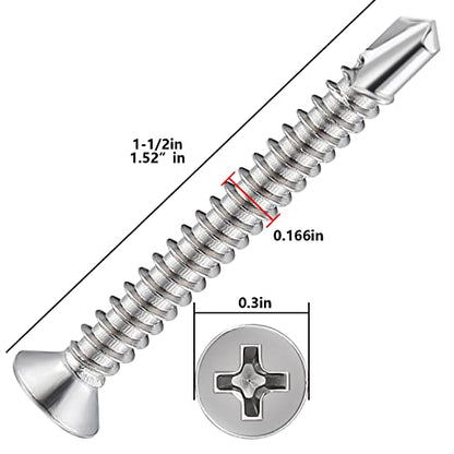 Wensilon（200pcs）#8×1-1/2”for Sheet Metal Self-Tapping Screws 410 Stainless Steel Flat Head High-Strength Quick self-Drilling Screws - color: Silver, size: #8X1-1/2"