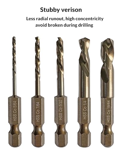 NordWolf 10-Piece M35 Cobalt Stubby Left Hand Drill Bit & Screw Extractor Set, Reverse Twist with 1/4" Hex Shank, SAE Sizes 5/64"-7/64"-5/32"-1/4"-19/64" - size: 5/64" to 19/64" (10 Pcs)