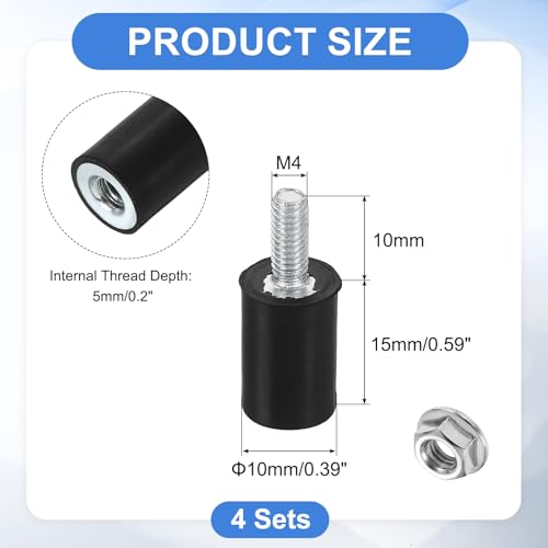 uxcell M4 Rubber Mounts, 4Pcs 10x15mm(DxH) Rubber Cylindrical Anti Vibration Isolator Shock Absorber with Lock Nut for Car Bobbin Generator Air Compressors - size: M4x10mm, 10x15mm Rubber