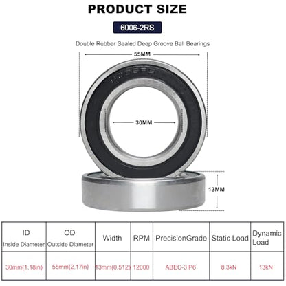 10 PCS 6006-2RS Double Rubber Seal Bearings 30x55x13mm, Pre-Lubricated and Stable Performance and Cost Effective, Deep Groove Ball Bearings. (6006 -RS)
