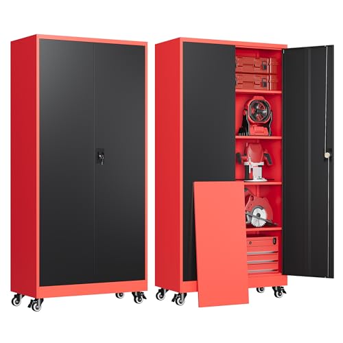 Garage Cabinet with Wheels and Adjustable Shelves, Metal Garage Storage Cabinets with 2 Doors, Storage Caninet with Lock, Heavy Duty Tool Cabnet for Workshop/Home/Office-(Black Red 75”H) - color: Red Black, size: 75"H
