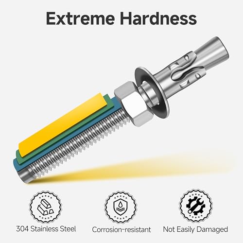 Mywish (50-Pack) 3/8" x 3-3/4" 304 Stainless Steel Wedge Anchors for Concrete and Cement, Plain Finish Heavy-Duty 3/8" Stainless Steel Masonry Anchors Bolts for Outdoor - size: 3/8 x 3-3/4"