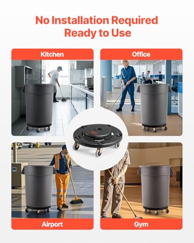 VEVOR Trash Can Dolly, Fit 20, 32, 44, 55 Gallon Containers, Round Trash Can Roller Base with 4 Lockable Wheels, 500lbs Weight Capacity, Heavy Duty Barrel Dolly, Multi-Functional Rolling Cart