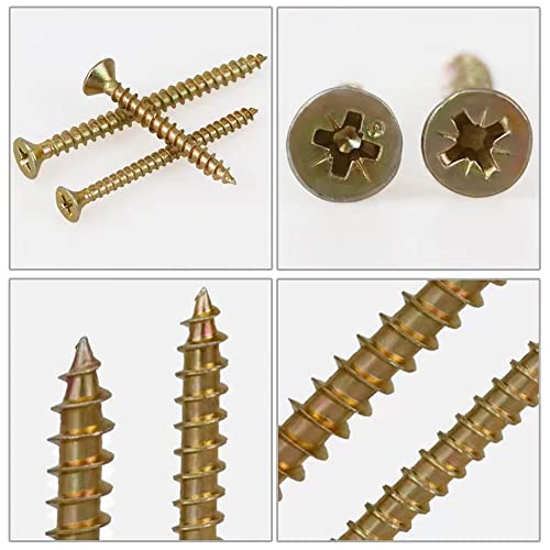 M4 Flat Head Wood Screws Assortment Kit 340 Pcs,Phillips Drive Countersunk Flat Head Self-Tapping Wood Screws,Yellow Zinc Plated Finish Screw Kit,Self Tapping Screws for Metal,Full Thread - style: M4 340PCS