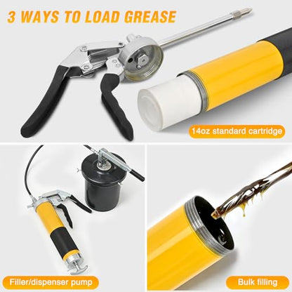 GOOACC Grease Gun Heavy Duty Pistol Grip Grease Gun Kit with Quick Release Coupler 18" Spring Flex Hose Nozzle Rigid Pipe, 8000PSI 14oz Grease Guns Tool for Automotive Farm Industrial Marine Equipment - size: Manual 14oz Yellow 8PCS