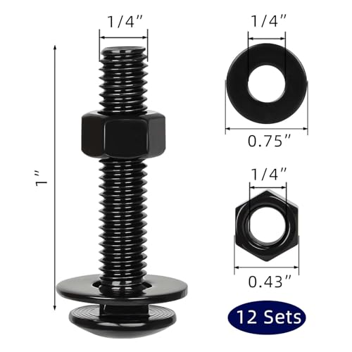 1/4-20 x 1 Carriage Bolt Kit, Stainless Steel 304 Carriage Bolts Screws with Hex Nuts & Flat Washers, Round Head Square Neck, Full Thread, Black Finish, 12 Sets - size: 1/4-20 x 1"
