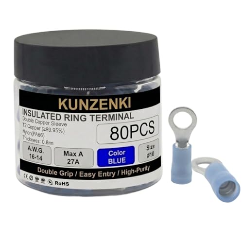 80pcs Nylon PA66 Insulated Ring Terminals, #10 (M5) Stud, 16-14 AWG Blue Crimp Connectors, T2 High Purity Copper with Double Copper Sleeve - color: BLUE(A.W.G16-14), size: #10(M5)