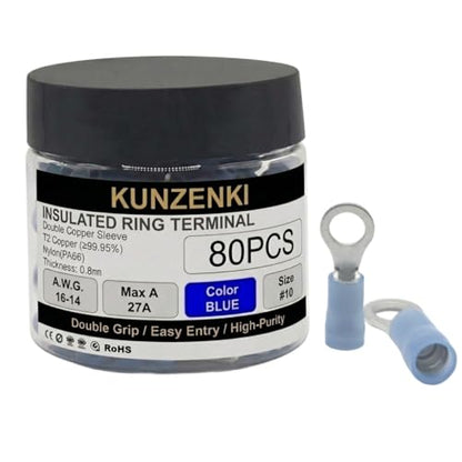 80pcs Nylon PA66 Insulated Ring Terminals, #10 (M5) Stud, 16-14 AWG Blue Crimp Connectors, T2 High Purity Copper with Double Copper Sleeve - color: BLUE(A.W.G16-14), size: #10(M5)