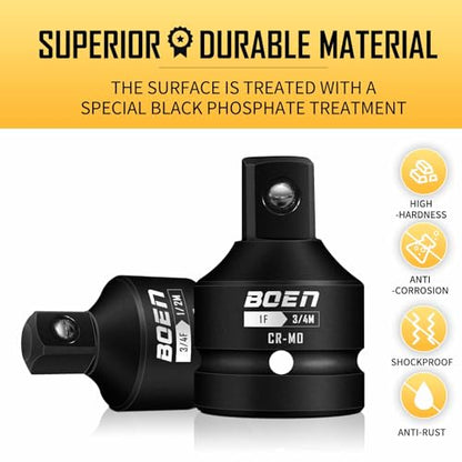 BOEN 10-Piece Impact Socket Adapter and Reducer Set, Standard SAE 1/4" 3/8" 1/2" 3/4", CR-MO Steel Driver & Wrench Conversion Kit Socket Reducer with 3/8" & 1/2" Universal Joint - size: 10 Piece