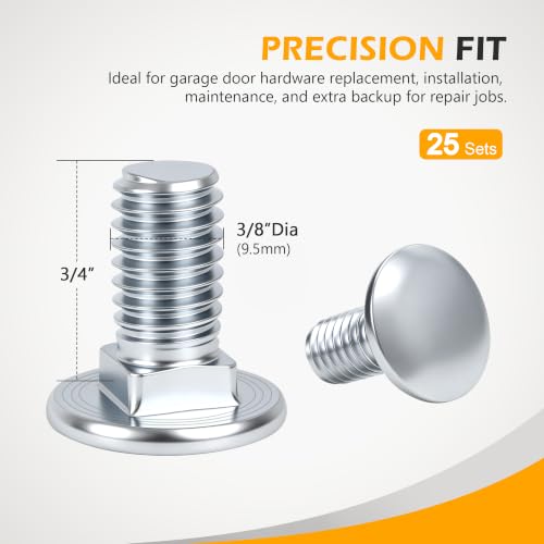 3/8" x3/4" Carriage Bolts and Nuts 25 Pack，Grade 8.8 Carbon Steel - color: Silvery, size: Carriage Bolt 25 pcs