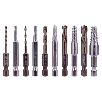 NordWolf 10-Piece M35 Cobalt Stubby Left Hand Drill Bit & Screw Extractor Set, Reverse Twist with 1/4" Hex Shank, SAE Sizes 5/64"-7/64"-5/32"-1/4"-19/64" - size: 5/64" to 19/64" (10 Pcs)