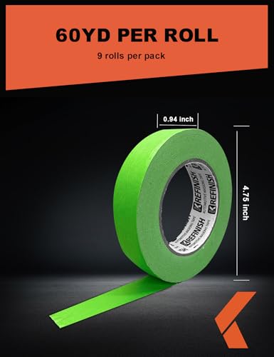 KREFINISH Painters Tape for Car Paint Green No Residue Automotive Masking Tape for Automotive Painting - Heat Resistant for Paint Booth, 1.41 Inches x 60 Yards, 9 Rolls - size: 1.41in-9rolls