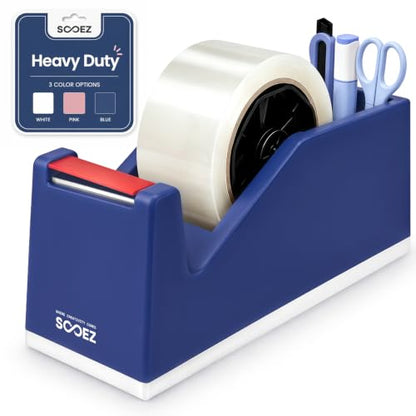 Sooez Weighted Tape Dispenser, Aesthetic Packing Tape Dispenser Desk, with Storage Compartment, Super Heavy Duty Tape Holder, Fit 1.88" to 2" Wide Tape, Tape Cutter Packing Shipping Supplies - color: Blue