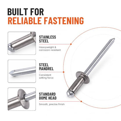 1/8 x 1/2 304 Stainless Blind Rivets 100 Pack - color: Stainless Steel, size: 1/8 x 1/2"
