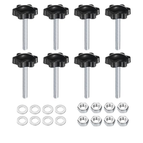 uxcell 8pcs Star Clamping Knobs with Nuts Washers, M6 x 45mm Metric Zinc Plated Carbon Steel Male Thread 32mm 6-Star Plastic Head, Threaded Stud Hand Knobs Handles Thumb Screws, Black - size: M6 x 45mm