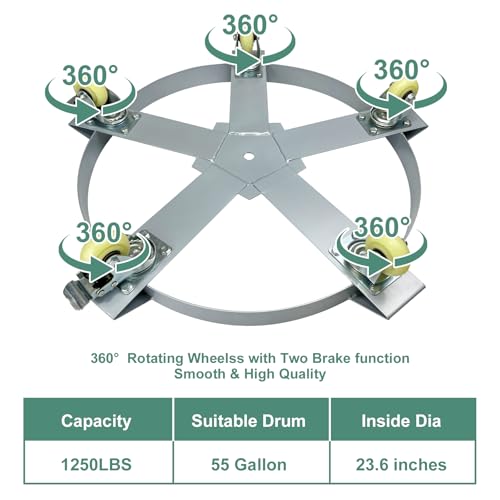 55 Gallon Drum Dolly, 1250lbs Load Capacity 55 Gallon Barrel Dolly Cart Drum Caddy with 5 Swivel Casters Wheel, Non Tipping Hand Truck Capacity Dollies for Warehouse Drum Handling (Silver Gray) - size: 55 Gallon 5 Wheels