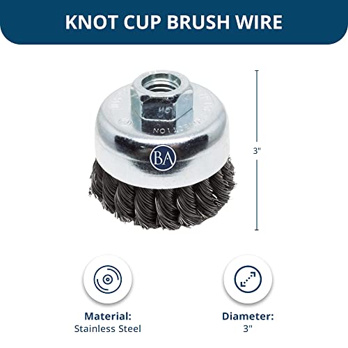 Benchmark Abrasives 3" Knot Wire Cup Brush for Aluminum, Concrete, Metal for Derusting Paint Removal Deburring for Angle Pneumatic Grinder 5/8"-11 Thread - (Stainless Steel) - size: 3" Knot Wire, style: Stainless