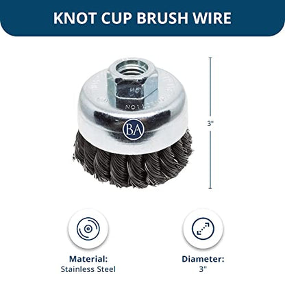 Benchmark Abrasives 3" Knot Wire Cup Brush for Aluminum, Concrete, Metal for Derusting Paint Removal Deburring for Angle Pneumatic Grinder 5/8"-11 Thread - (Stainless Steel) - size: 3" Knot Wire, style: Stainless