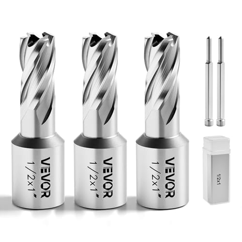 VEVOR Annular Cutter Set, 5 pcs Weldon Shank Mag Drill Bits Kit, 1" Cutting Depth, 1/2" Cutting Diameter, HSS, 3 Drill Bits with 2 Pilot Pins and 3 Plastic Cases, for Magnetic Drills, Steel, Aluminum - size: 1/2" * 1"