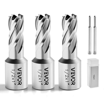 VEVOR Annular Cutter Set, 5 pcs Weldon Shank Mag Drill Bits Kit, 1" Cutting Depth, 1/2" Cutting Diameter, HSS, 3 Drill Bits with 2 Pilot Pins and 3 Plastic Cases, for Magnetic Drills, Steel, Aluminum - size: 1/2" * 1"