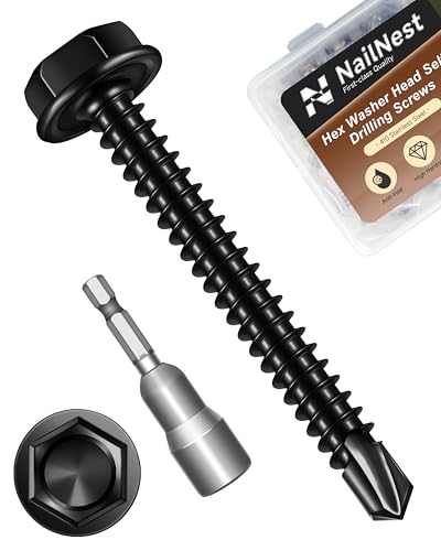 100PCS #8 x 1-1/2" Self Drilling Screws, Black Self Tapping Screws for Metal, 410 Stainless Steel Hex Washer Head Sheet Metal Screw, Quick Tapping with 7mm Hex Socket - color: Black, size: #8 x 1-1/2"