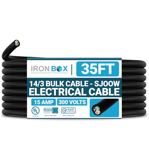 IronBox Electric 14/3 Bulk Cable - SJOOW Electrical Cable - 3 Wire Conductor, 15A, 300V - Water and Oil Resistant - Heavy Duty Portable Outdoor Extension Cord for Generator, HVAC Systems & More (35ft) - size: 35 ft