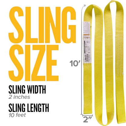 US Cargo Control Nylon Lifting Sling with Wear Pads 2" x 10', 2-Ply Eye to Eye Slings (Made in USA) - 4,960 LBS Choker, 6,200 LBS Vertical, 12,400 LBS Basket Capacity - Lift Straps for Lifting