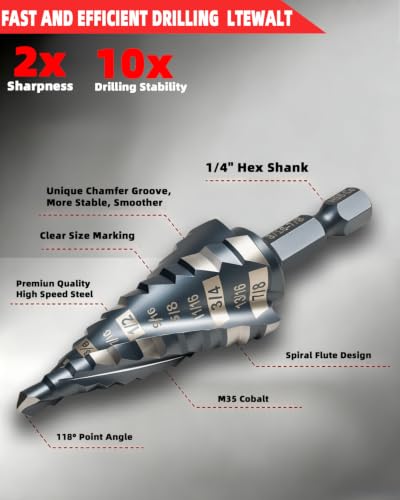 9 PCS M35 Cobalt 4‑Flute Step Drill Bits, Hex Unibit with Center Punch - color: Silver Black