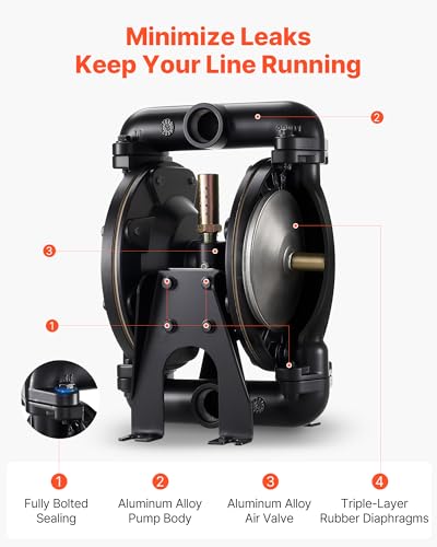 VEVOR Air Operated Double Diaphragm Pump, 35 GPM, 1 inch Inlet & Outlet Pneumatic Waste Oil Transfer Pump, Max 114 PSI, Aluminum Alloy Body, Air-Operated for Diesel, Grease, Kerosene, Gasoline & Oil - style: 1inch 35GPM Aluminum Alloy