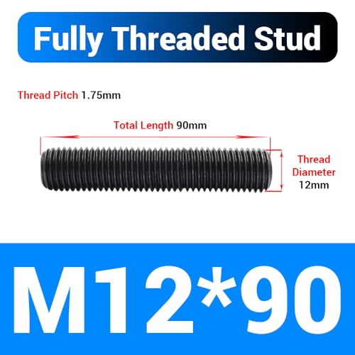 10pcs M12*90mm Fully Threaded Stud, Grade 10.9 Carbon Steel Black Oxide Finish Long Threaded Rod Bar for Furniture Industrial Maintenance Connection Fasteners - size: M12*90-10PCS
