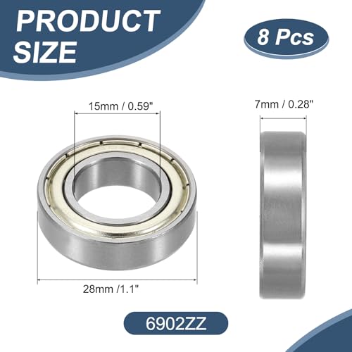 uxcell 8 Pack 6902ZZ Deep Groove Ball Bearings, 15x28x7mm Chrome Steel Double Shield Bearing for Electric Motor, Home Appliances, Garden Machinery, (ABEC5) - size: 6902ZZ