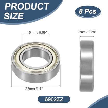 uxcell 8 Pack 6902ZZ Deep Groove Ball Bearings, 15x28x7mm Chrome Steel Double Shield Bearing for Electric Motor, Home Appliances, Garden Machinery, (ABEC5) - size: 6902ZZ