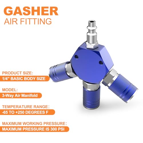 GASHER Blue 3-Way 1/4 Inch NPT Aluminum Hex Style Air Manifold with 3 Pieces Steel Industrial Coupler and Plug, Air Compressor Hose Accessories Quick Connect Fittings Air Splitter - style: BLUE 1PCS