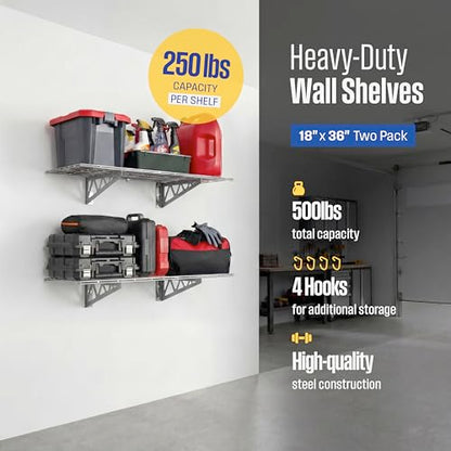 SafeRacks Steel Garage Wall Shelves 2-Pk w/Hooks, 500lb, Hammertone (18x36) - color: Hammertone, size: 18"x36" (2-Pack)