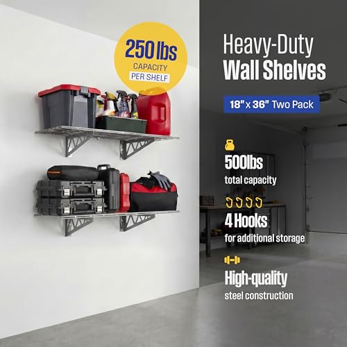 SafeRacks Steel Garage Wall Shelves 2-Pk w/Hooks, 500lb, Hammertone (18x36) - color: Hammertone, size: 18"x36" (2-Pack)