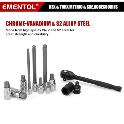 EMENTOL 115-Piece Master Torx & Allen Bit Socket Set, 1/4" 3/8" 1/2" Drive