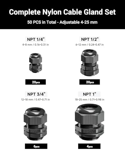 VCELINK Cable Gland Kit Nylon Waterproof, 50pcs IP68 Cord Grip Connectors - size: 50pcs KIT Adjustable 4-25mm