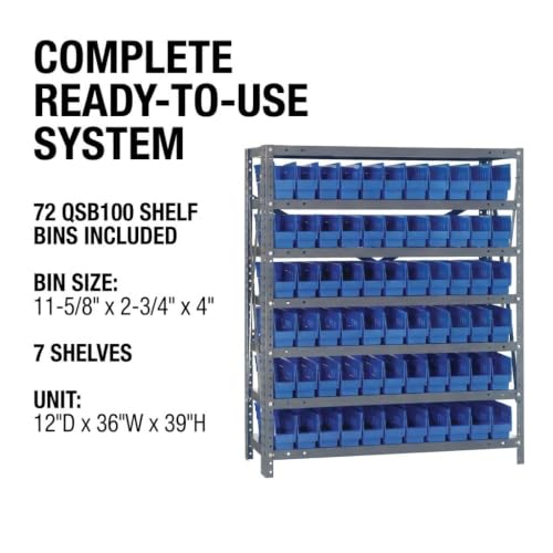 Quantum Storage Systems 1239-100BL Steel Shelving Unit with 4" Shelf Bins, 12" D x 36" W x 39" H, Blue - size: 39" H x 36" W x 12" D, style: 12" L x 3" W x 4" H 72 Economy Blue Bins