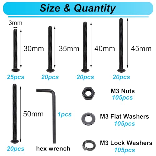 420PCS Black M3 Button Head Hex Socket Cap Screws, M3 x 30/35/40/45/50mm Metric Screws Bolts Nuts Washers Assortment Kit, 10.9 Grade Alloy Steel - color: BK-M3 x 30-50mm/