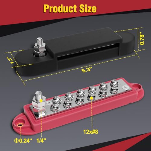 Mofeez Bus Bar Power Distribution Block 48V 150A, 1 x 1/4 Posts, 12 x #8 Screws Terminals Marine Bus Bar for Marine, Automotive, and Solar Wiring - size: 1 x 1/4"
