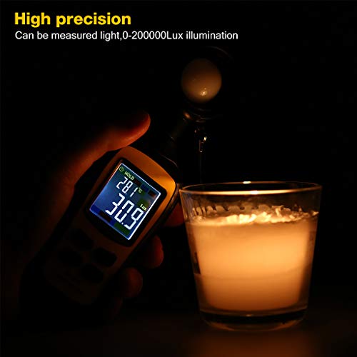 Light Meter Digital Illuminance Meter Handheld Ambient Temperature Measurer, Range up to 200,000 Lux, Luxmeter with 4 Digit Color LCD Screen